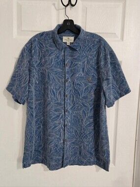 Island Shores Washable Silk Shirt Men’s L Blue Leaf Tropical Button Up